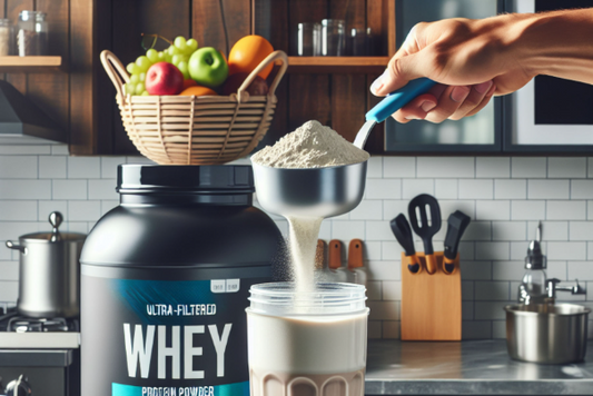 Person pouring Big Muscle Whey Protein powder into a glass