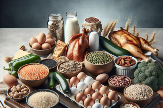 A table with various foods rich in amino acids, including eggs, lentils, almonds, and chicken.