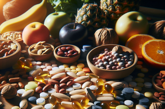 A variety of multivitamin tablets and healthy foods on a table