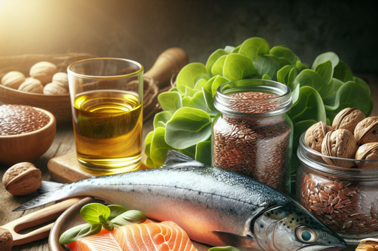 Variety of omega-3 fatty acid rich foods including fish, nuts, and oils.