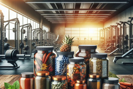 Assortment of pre-workout supplements in glass jars displayed in a gym setting