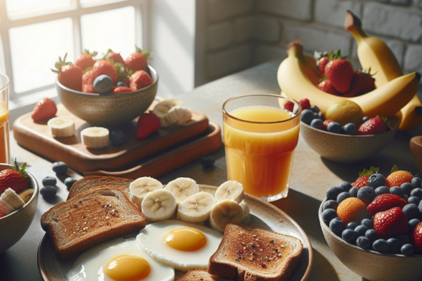 A plate of eggs, toast, and fruit, a glass of orange juice, and bowls of berries and bananas, all set on a table in a kitchen.