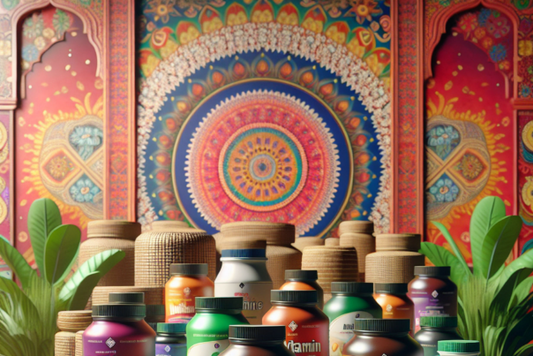 Variety of top multivitamins for men in India displayed against a vibrant background