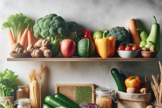 A shelf with various healthy vegan foods like broccoli, carrots, zucchini, nuts and peppers