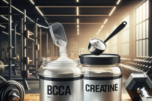 BCAA and Creatine supplement jars with scoops in a gym setting