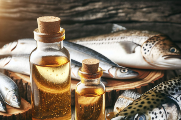 Comparison of cod liver oil and fish oil with fish on a wooden surface