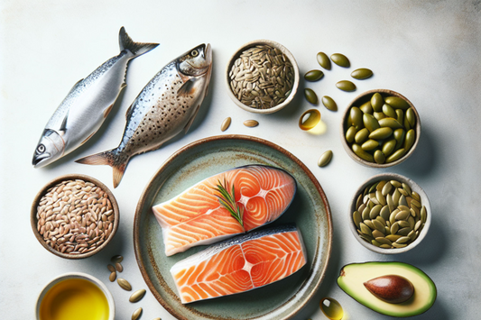 Overhead shot of various foods rich in Omega 3, 6, and 9 fatty acids, including salmon, flax seeds, pumpkin seeds, and avocados, with fish oil capsules.