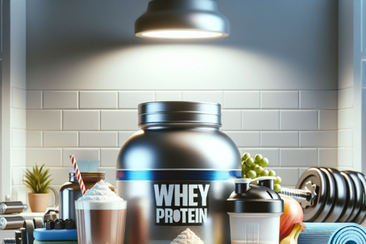 Whey protein concentrate jar with serving suggestions and workout gear