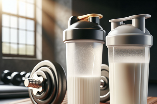 Shaker bottles with whey protein and dumbbells in a gym