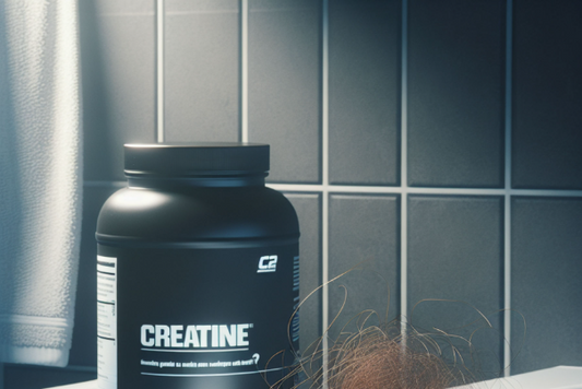 A container of creatine supplement next to hair loss on a bathroom counter