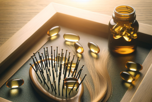 Fish oil capsules and a hairbrush promoting hair growth