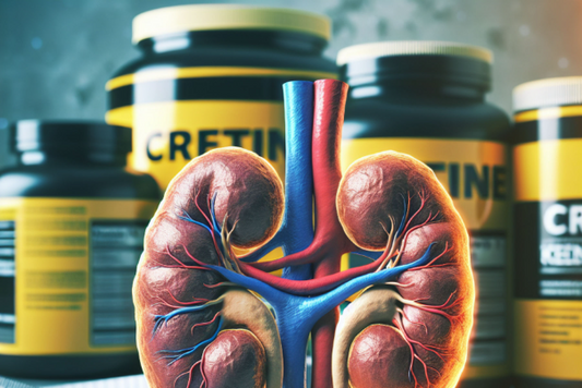 Human kidneys with creatine supplement bottles in the background.