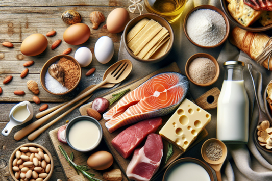 A variety of foods rich in Vitamin B12, including fish, dairy, and meat.