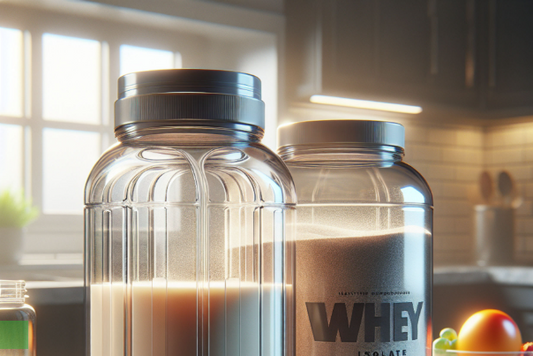 Clear whey protein and whey isolate comparison in a kitchen setting