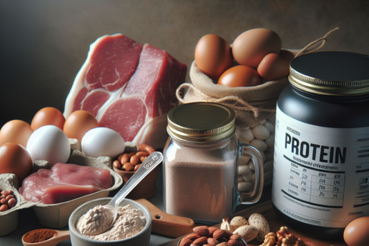 Protein powder scoops and various protein-rich foods like meat, eggs, and nuts