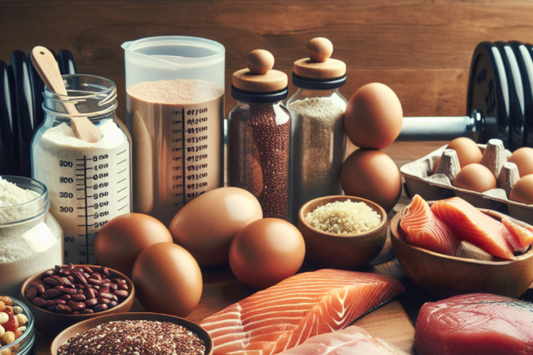 Various protein sources like eggs, fish, and supplements for muscle gain