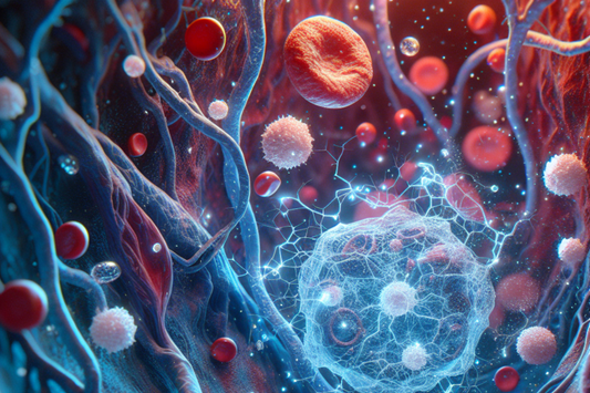 Microscopic image showcasing electrolytes, red blood cells, and white blood cells in the bloodstream, highlighting their vital role in bodily functions.