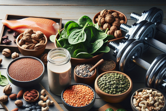 Healthy food and fitness equipment promoting L-Arginine benefits for men and women, showcasing various nutritious ingredients like nuts, seeds and fish.