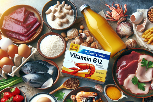 Variety of Vitamin B12 sources with tablets for a healthy body.