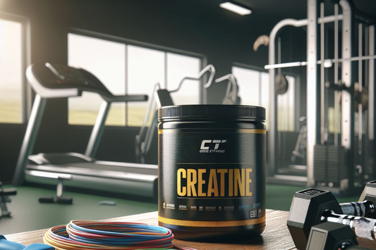 A jar of creatine supplement sits on a gym table with weights and jump rope in the background. The label clearly displays 'Creatine'.