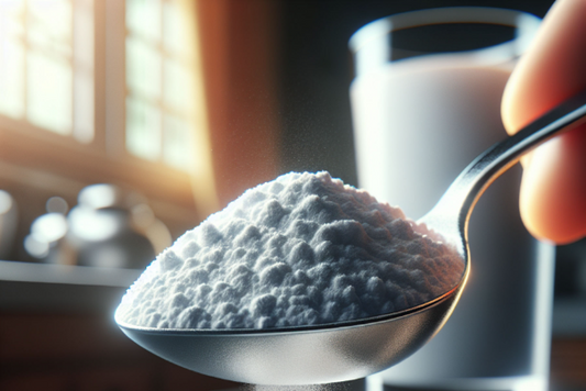 A spoon filled with creatine powder, with a glass of water in the background.