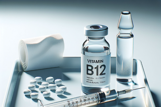 Vitamin B12 injection with syringe and vial on a tray.