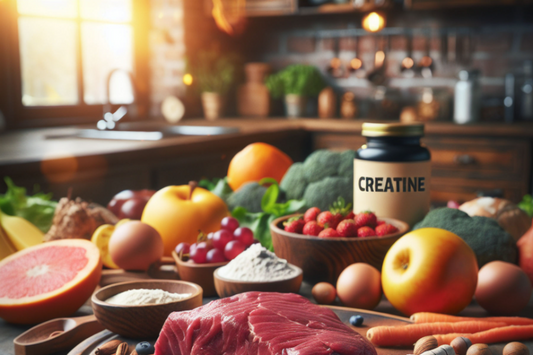 Close up image of a kitchen table with a jar of creatine, meat, fruits, and vegetables.