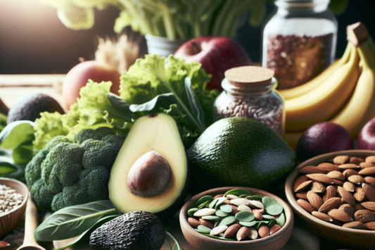 Colorful assortment of magnesium-rich foods including avocados, nuts, and greens