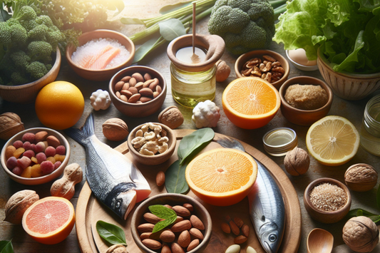 Foods rich in collagen: salmon, oranges, almonds, broccoli, walnuts promoting healthy skin.