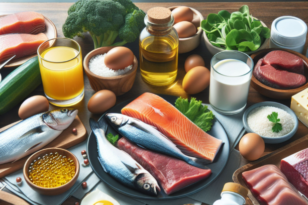 A variety of foods rich in Vitamin B12: fish, eggs, and vegetables.