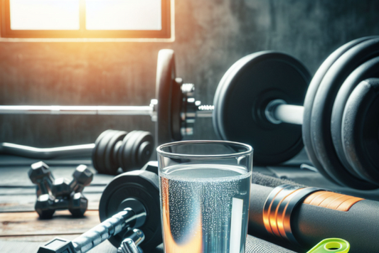 Glass of water with weights and gym equipment in the background