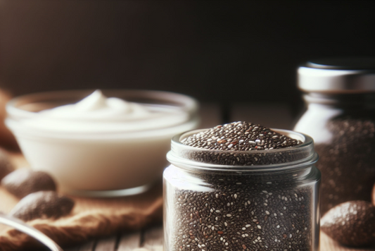 Close-up of chia seeds in a glass jar, showcasing their nutritional value and omega 3 content.