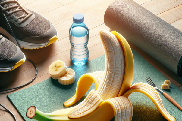 A banana, a water bottle, and running shoes on a yoga mat