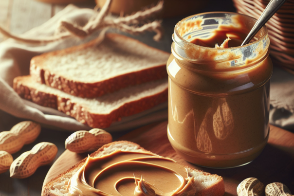 A jar of peanut butter with a spoon in it, a slice of bread with peanut butter on it, and peanuts on the table.