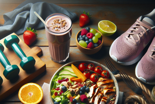 A healthy post-workout meal featuring a salad with grilled chicken, avocado, and berries, a smoothie, and dumbbells