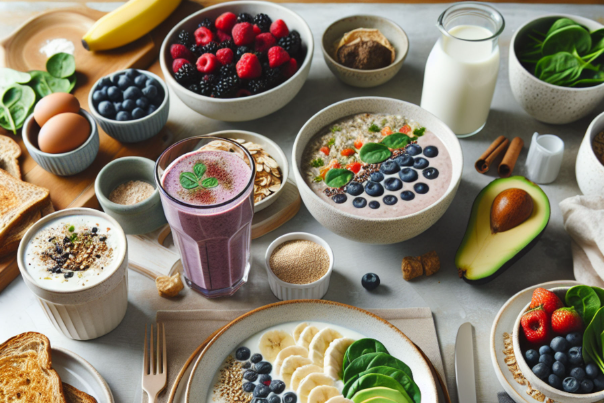 A table with various pre-workout meal options, including smoothies, oatmeal, and fruit