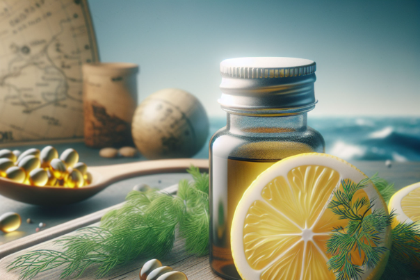 Bottle of fish oil with lemon and supplements on a table