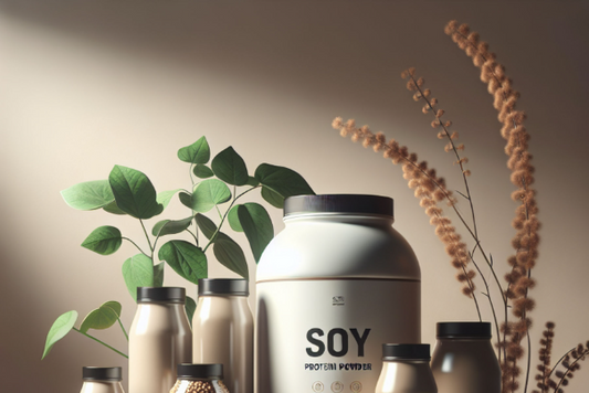 A close-up of a soy protein powder container with bottles of soy milk, representing the benefits and side effects of soy protein isolate