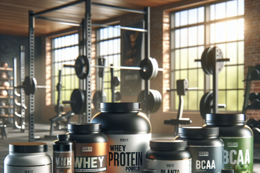 Variety of protein powders in a gym setting for muscle gain