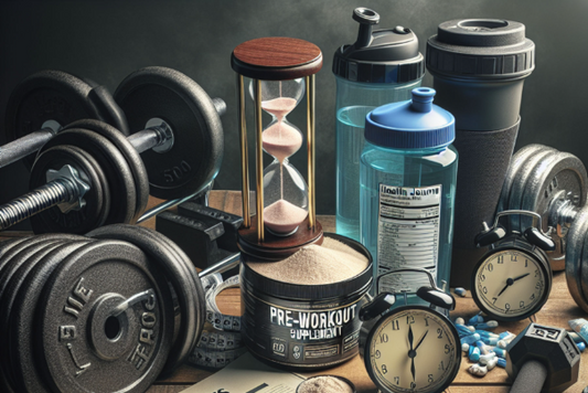 Pre-workout supplement bottle, weights, and hourglass symbolizing workout routine and potential side effects.