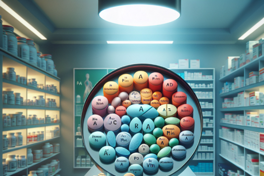 A to Z amino tablets arranged in a circle, showcasing the different amino acids in a pharmacy setting