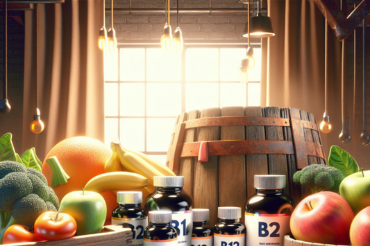 Assorted vitamin B12 supplements and healthy foods.