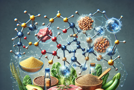 Illustration of amino acid structure with various food sources rich in amino acids, including meat, grains, and vegetables