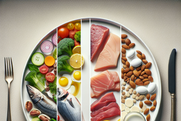 Plate showcasing foods rich in vitamin B12 and its stages