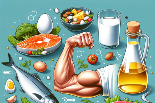 Illustration of foods rich in Vitamin B12 and a strong arm