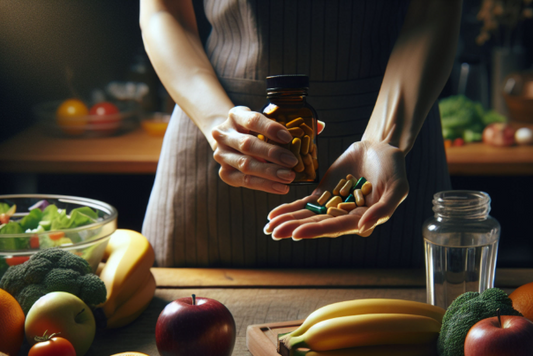 Person holding multivitamins with fruits and vegetables on the table