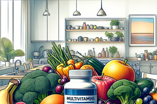 A to Z multivitamin bottle surrounded by fruits and vegetables