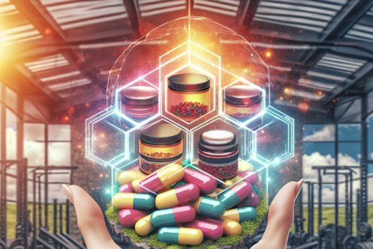 Hand holding a pile of colorful pills with jars of EAA and BCAA in the background, blurred gym equipment behind.