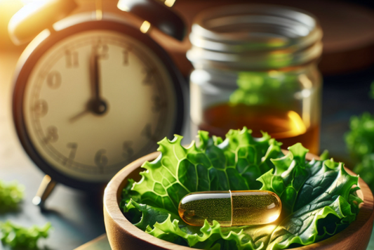 Fish oil capsule on lettuce with clock, symbolizing best timing for supplements