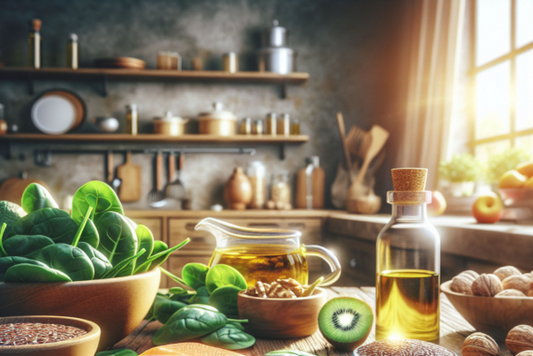 Healthy foods rich in omega 3 oils on a kitchen counter